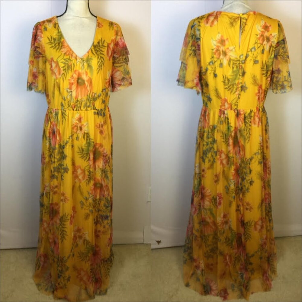 Candalite Maxi Dress XL Womans Yellow Floral V-neck Elastic Waist Flutter Sleeve